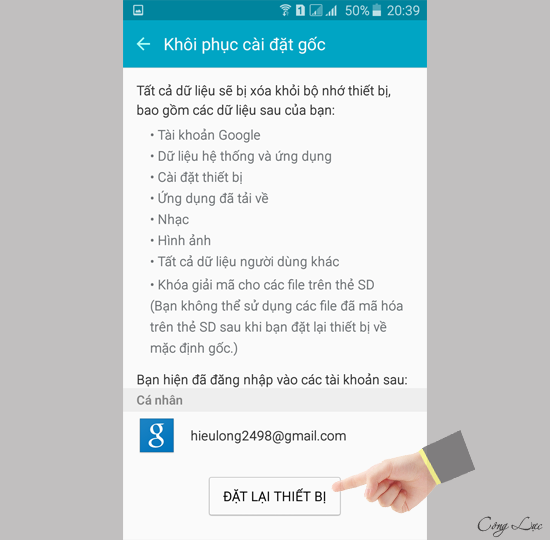 vào đặt lại thiết bị